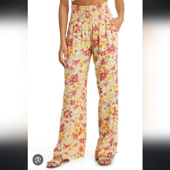 Billabong Flowy Smooth Sailing Smocked High Waist Floral Print Pants - Picture 1 of 8